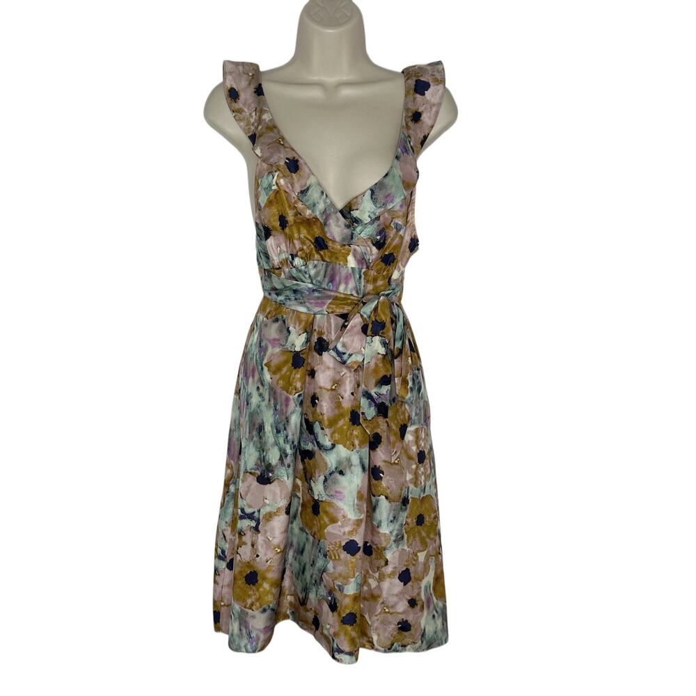 Theory Womens Moonstone Multicolor Floral 100%Silk Galila Fit & Flare Dress Sz 2